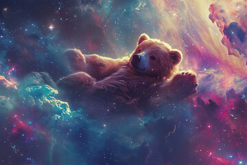 illustration of a bear floating in space - obrazy, fototapety, plakaty