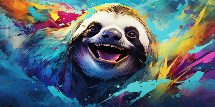 a colorful sloth painting on canvas, generative AI