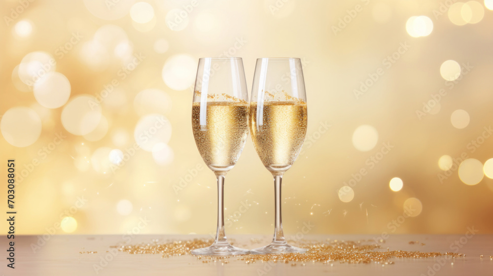 Poster two champagne glasses clinking in a toast with golden bubbles and glittering bokeh background.