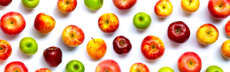 Variety of fresh apples on white background.