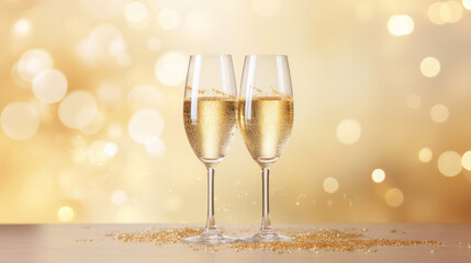 Two champagne glasses clinking in a toast with golden bubbles and glittering bokeh background.
