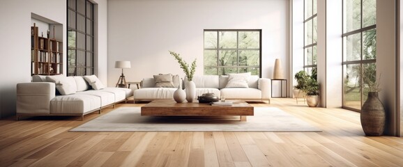 a living room with wood flooring and white walls, including a glass coffee table on the right hand side