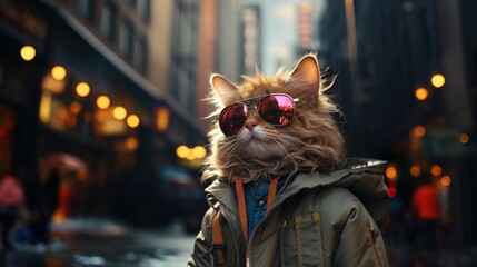 kitty wearing sunglasses and walking in city.