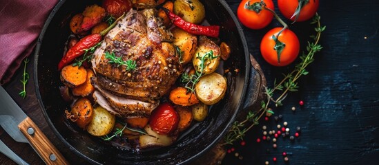 Top view of a dark grey kitchen table with a bowl of roasted pork and vegetables.