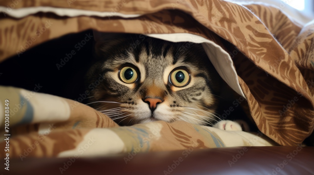 Poster hilarious kitty with a sneaky expression during a game of hide and seek