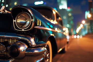 Classic car on a city street at night, headlights gleaming, urban elegance and vintage charm.  