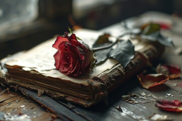 A nostalgic composition featuring an antique book with a crimson rose, symbolizing romance and memoirs.


