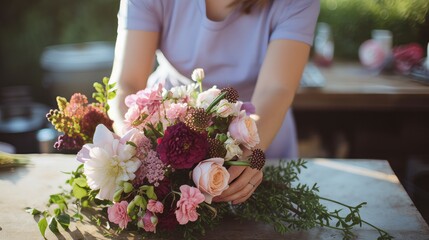 Obraz na płótnie Canvas Hands of a florist arranging wedding flowers