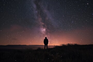 Silhouette of a lone figure under a starry sky with the Milky Way, representing wonder, the universe, and human curiosity.

