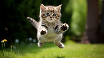 Playful kitty attempting a flying leap with legs akimbo