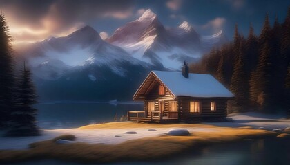 Fantastic winter landscape with wooden house in snowy mountains. Christmas and winter vacations holiday concept. Generative AI.
