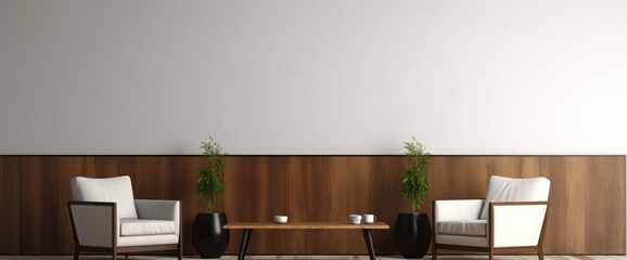 Contemporary minimalist interior with armchairs, coffee table, wood panel, blank wall