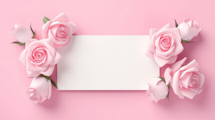 Elegant pink roses bordering a blank white card on a soft pink background.
