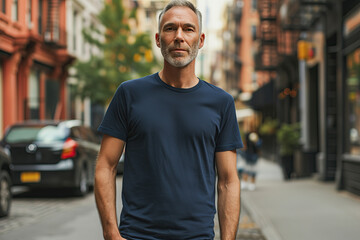Urban style clothing mockup with middle-aged man in navy t-shirt
