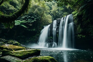 Majestic waterfall cascading into a tranquil forest pond, surrounded by lush green foliage and moss-covered rocks.

