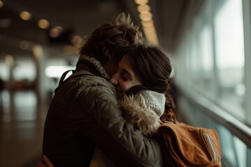 Emotional embrace at an airport, capturing a moment of love and farewell between two people.

 - obrazy, fototapety, plakaty
