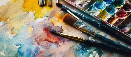 Fototapeta premium Creating art using watercolor paints and brushes in a creative environment.