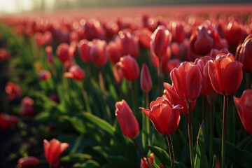 Fototapeta premium A sea of red tulips basking in the golden light of sunset, evoking warmth and growth.