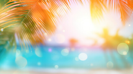 Fototapeta na wymiar Sun flare through tropical palm leaves with a blurred pool background, vacation vibe.