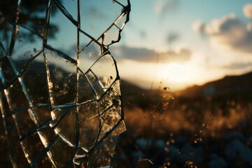 Sunset through fractured glass, a metaphor for hope and beauty amidst chaos and destruction.  