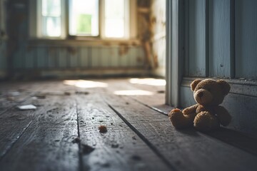 A teddy bear abandoned on a wooden floor, evoking a sense of nostalgia and lost childhood.

