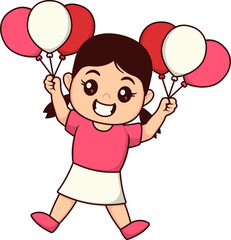 Clip Art Cute Girl Character Excited to Play Balloons in New Year Party Activity, Little Kids with Jumping Gesture