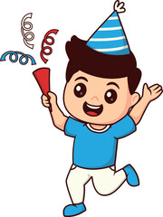 Clip Art Cute Kids Character Greetings Happy New Year's Eve 2024, Little Boy wearing Party Hat Playing Confetti