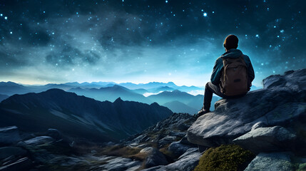 Fototapeta premium Male climber sitting on a mountain rock To look at the stars in the sky, the Milky Way.