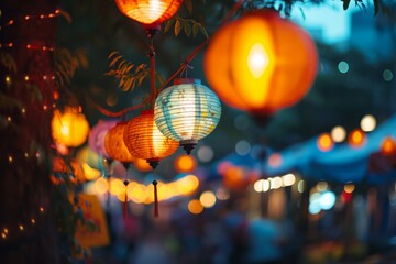 Traditional Asian lanterns glowing at night, festive decorations, cultural celebration ambiance

