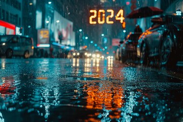 Reflective city street in rain with 2024 sign, urban landscape with wet roads and blurred lights

