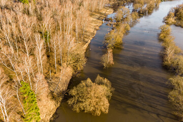 During the spring flood, river waters emerging from the floodplain wash the forest slope, aerial...