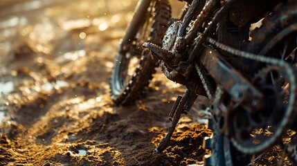 Mountain Biking Experience: Muddy Gear and Chain Close-Up with Muddy Background