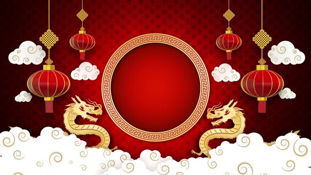 Year of The Dragon with Chinese Decoration, Chinese New Year Celebration, Lanterns, Clouds, Golden Dragon and Rotating Round Frame, Red and Gold Color Background