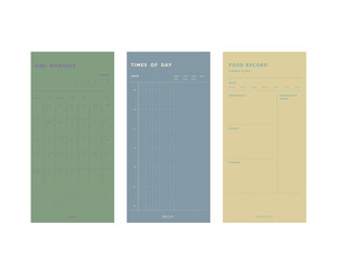 (happiness) set of one monthly and times of day and food record planner. 