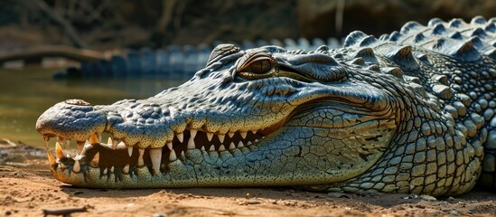 Fototapeta premium Open-mouthed crocodile displaying its large teeth while resting on the ground.
