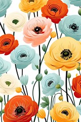Obraz na płótnie Canvas Retro Ranunculus Floral Pattern on White Art for Vintage Fashion Design Greeting Card Garden Textile Flower Nature Painting 