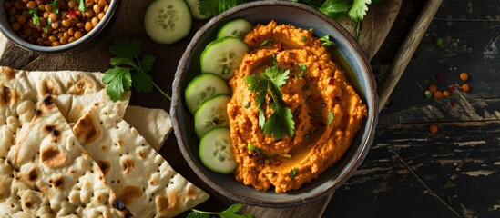 Vegan spread made with Harissa-carrots and lentils, served with flatbread and cucumber.