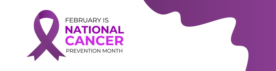 National Cancer Prevention Month Banner, Card, Placard with Vector 3d Realistic Lavender Ribbon on White Background. Cancer Prevention Awareness Month Symbol Closeup. cover, website, flyer. vector ill