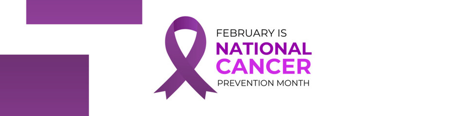 National Cancer Prevention Month Banner, Card, Placard with Vector 3d Realistic Lavender Ribbon on White Background. Cancer Prevention Awareness Month Symbol Closeup. cover, website, flyer. vector ill