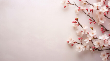 Cherry blossoms spread across a textured white background, creating a serene and poetic springtime scene.