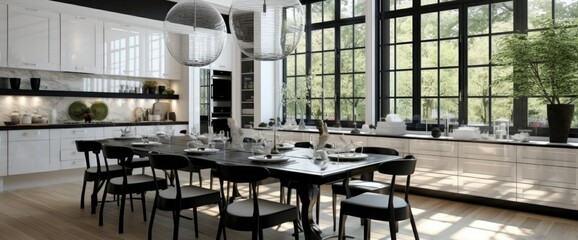 Glamorous and spacious kitchen with black and white furniture, many big windows and with stylish dining table for eight