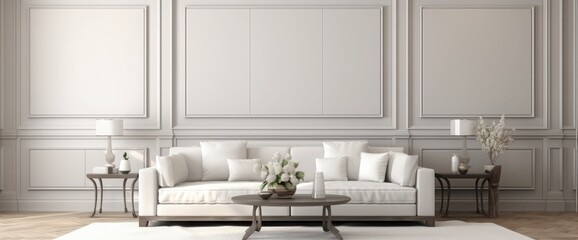 Fototapeta na wymiar Hampton style living room interior background, empty wall mockup, 3d render