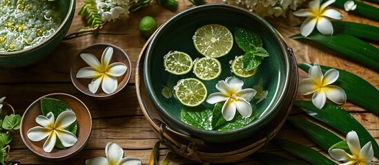 Top view of a spa pedicure with lime, tropical flowers, and bowl foot bath
