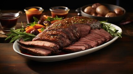 A rustic scene captures a platter of succulent brisket drenched in a glossy glaze, cooked low and slow until it achieves a tender, ery texture. The photograph showcases the subtle blending
