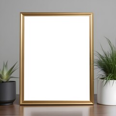 Breakfast is still alive.  empty picture frame on the table.  Vase with decorative plants.  Elegant work space, home office concept.