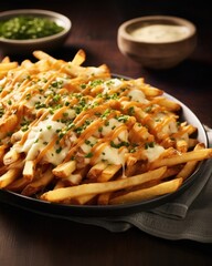 Satisfy your cravings with these cheese fries that showcase a harmonious blend of crispy, seasoned fries that provide the perfect crunch, complemented by a melty cheese topping that oozes