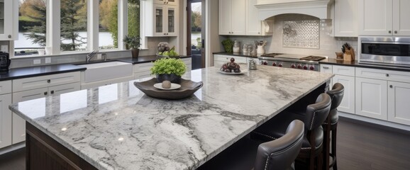 Kitchen in luxury home with white granite island