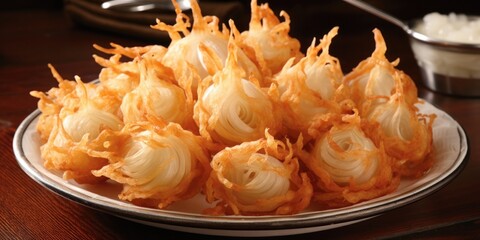 A true treat for onion lovers, these fried onion blossoms boast a hypnotizing appearance with each heavenly bite, the delicate crunch dissolves, revealing the tender, meltinyourmouth onion