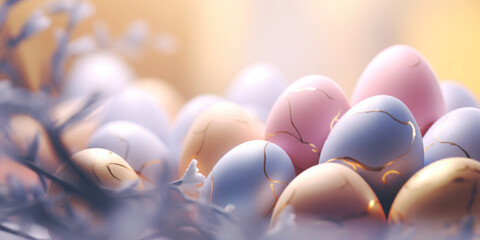 A whimsical arrangement of pastel Easter eggs with golden cracks resting on branches in a soft light.