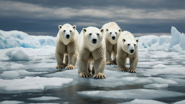 Polar Bears in a Warming WorldDevelop an evocative stock image that illustrates the melting Arctic landscape, with polar bears navigating through slushy ice